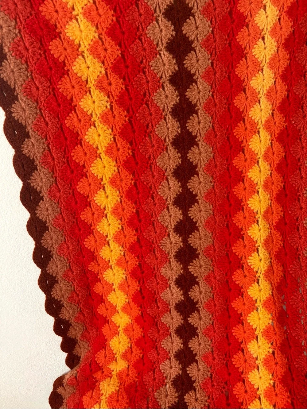 Vintages 70s crochet throw blanket warm tones orange brown yellow home decor